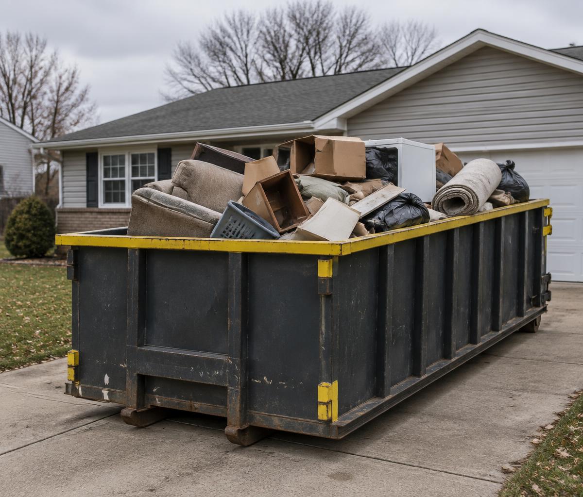 A roll-off dumpster filled with junk and household clutter from a hoarding cleanup
